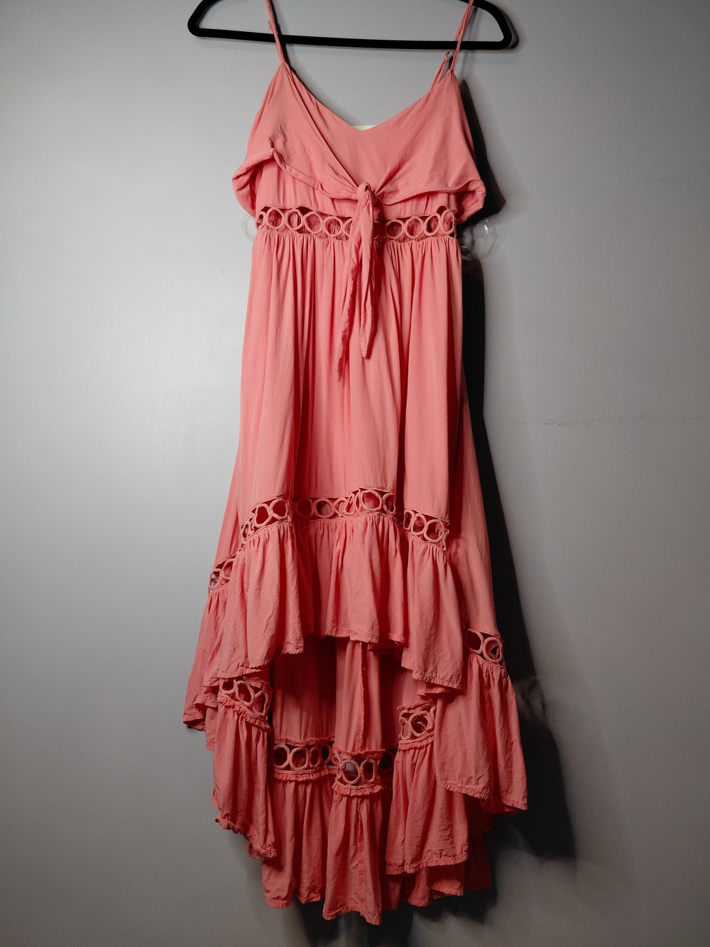 Main Strip Coral Pink Tie-Front High-Low Maxi Dress